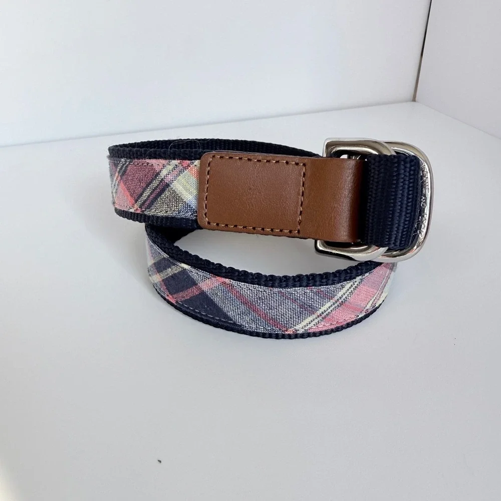 Janie and Jack Boys Blue Pink‎ Plaid Webbed Belt Leather Trim Size 4-5 Preppy